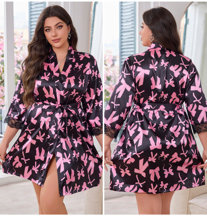 Silky Sleepwear Women Summer Luxury Short Sleeve Cool Feeling Short Length Robe Plus Size Bathrobe Bowknot Homewear