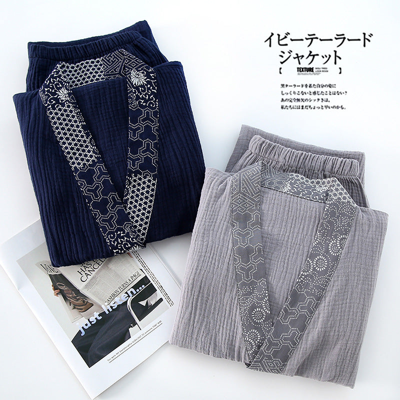 Cotton Gauze Chinese-Style Pyjama Set | Three-Quarter Sleeve Top & Wide-Leg Trousers