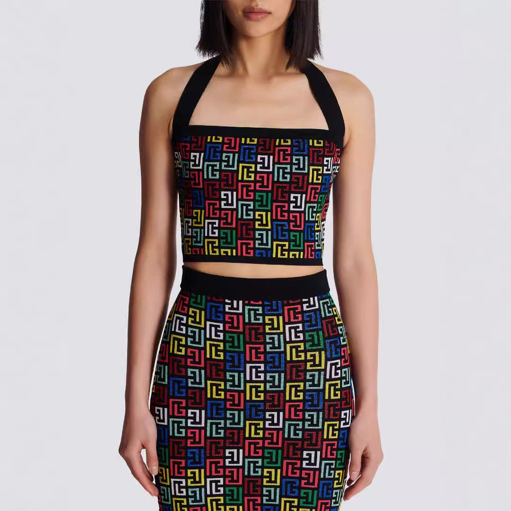Diamond Jacquard Halter Top & Mini Skirt Set | Party & Vacation Dress