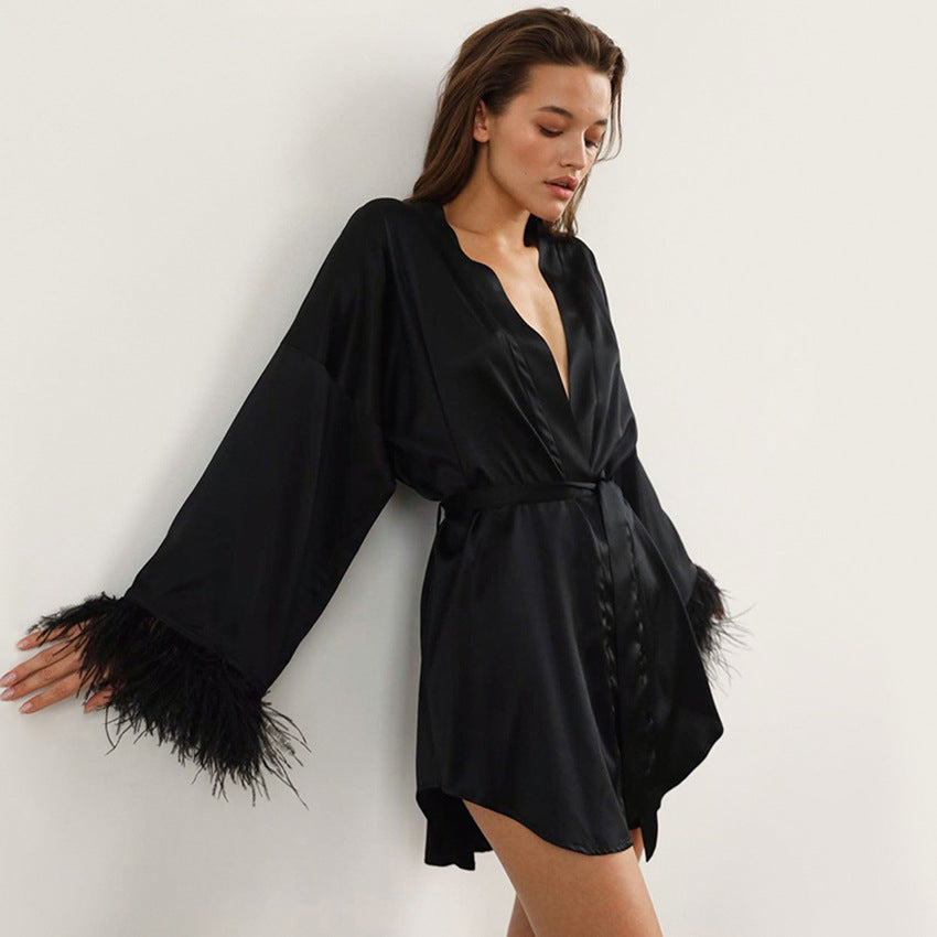 Spring Summer Long Sleeve Feather Satin Robe Open Front Sexy Bathrobe Solid Color French Casual Loungewear for Women
