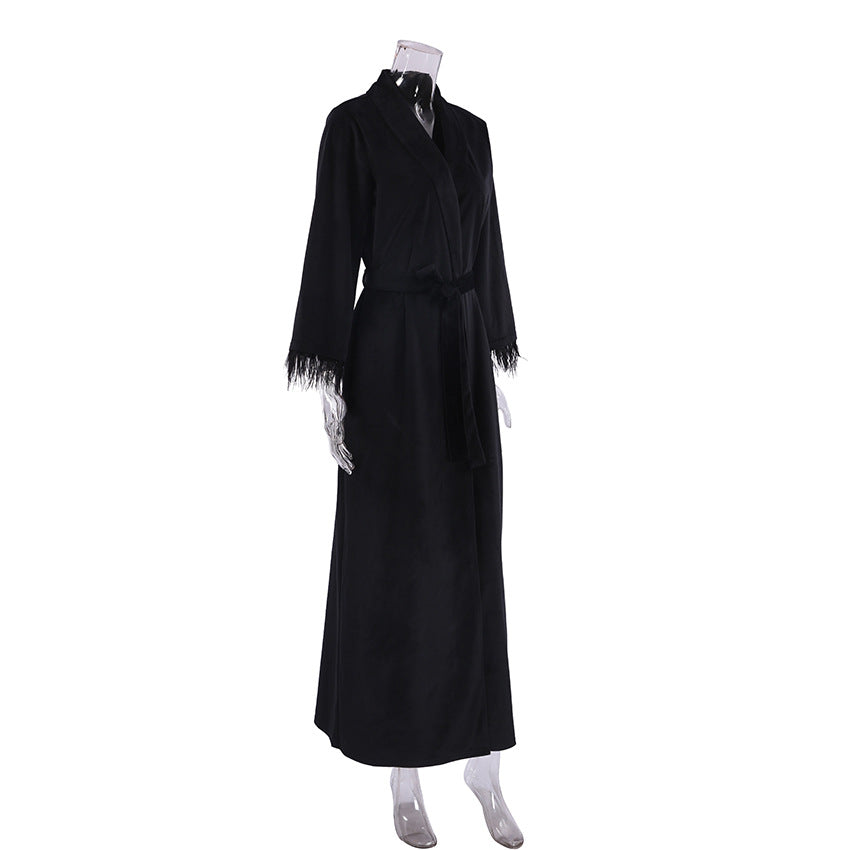 Spring SummerKnitted Feather Robe Long Length Velvet Warm Sleepwear Women's Home Black Long Sleeve Bathrobe Open Front