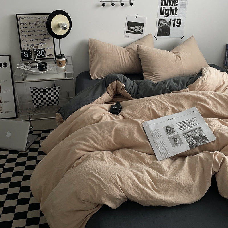 Japanese Solid Color Double Spliced Washed Cotton Four-Piece Set Minimalist Style Quilt Cover Bed Sheet Fitted Sheet Dormitory Bedding Three-Piece Set Wholesale