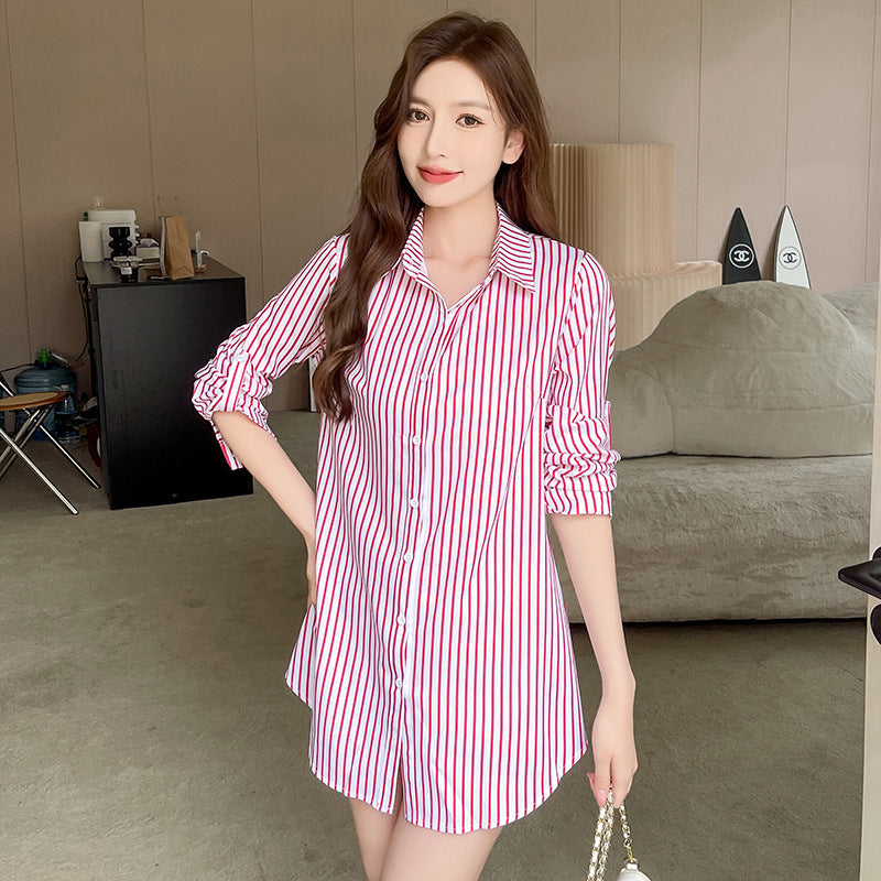 White shirt women's mid length  women's striped shirt sexy pajamas loose fitting spring and autumn