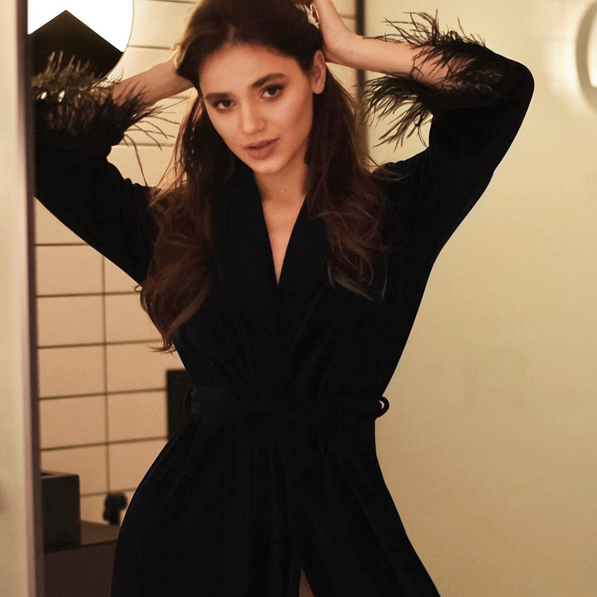 Spring SummerKnitted Feather Robe Long Length Velvet Warm Sleepwear Women's Home Black Long Sleeve Bathrobe Open Front