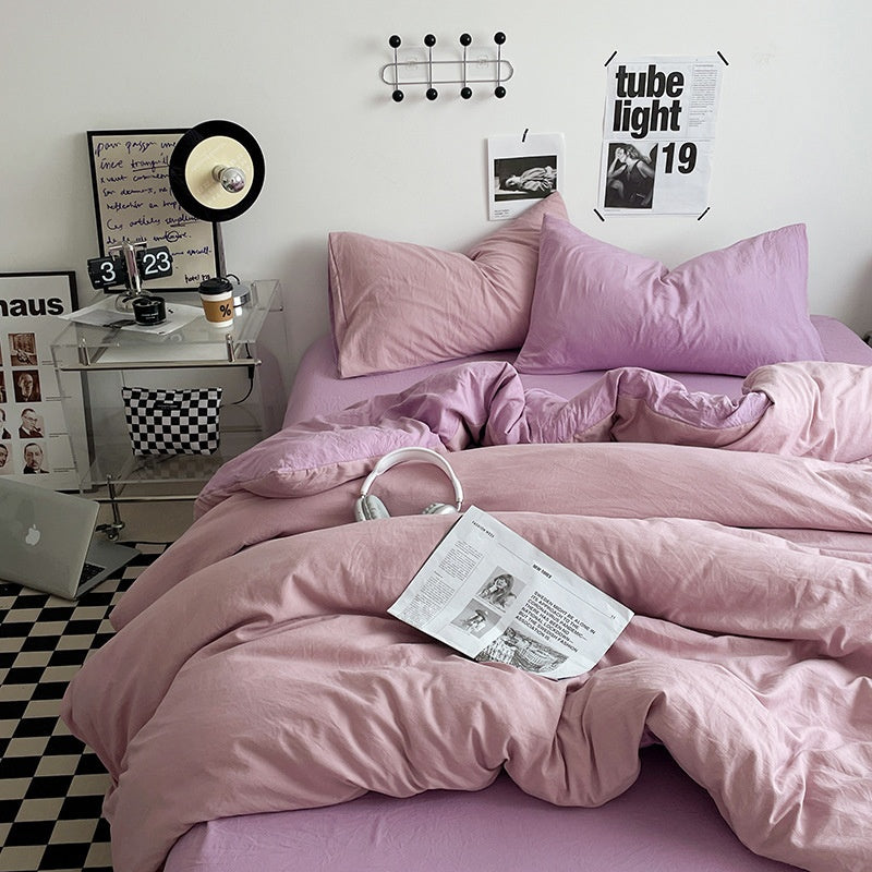 Japanese Solid Color Double Spliced Washed Cotton Four-Piece Set Minimalist Style Quilt Cover Bed Sheet Fitted Sheet Dormitory Bedding Three-Piece Set Wholesale