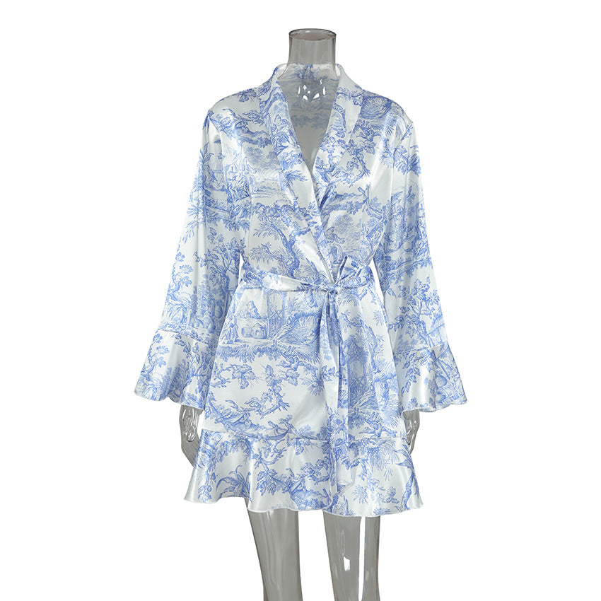 Lotus leaf edge long sleeved bathrobe autumn and winter pajamas satin nightgown fashionable women's home clothes