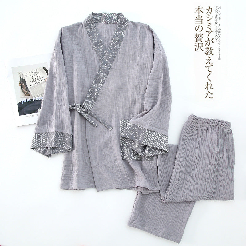 Cotton Gauze Chinese-Style Pyjama Set | Three-Quarter Sleeve Top & Wide-Leg Trousers