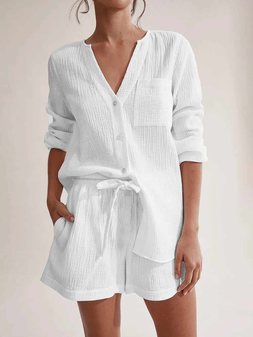Pure Cotton Gauze Summer Pyjama Set | Button-Down Top & Shorts