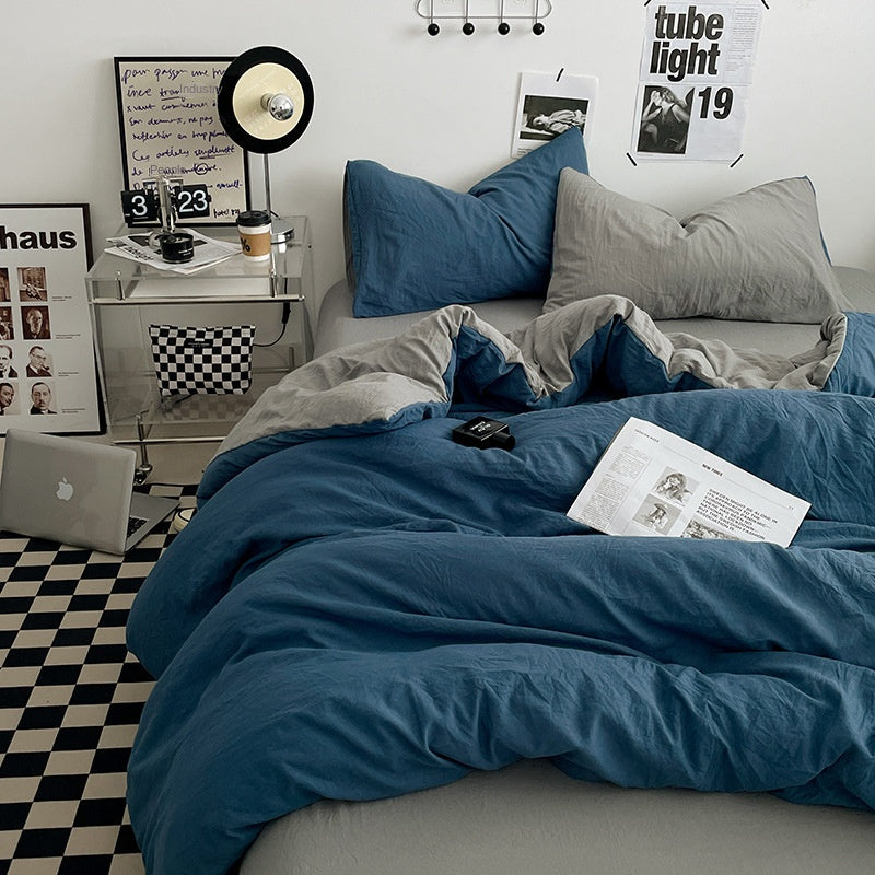 Japanese Solid Color Double Spliced Washed Cotton Four-Piece Set Minimalist Style Quilt Cover Bed Sheet Fitted Sheet Dormitory Bedding Three-Piece Set Wholesale
