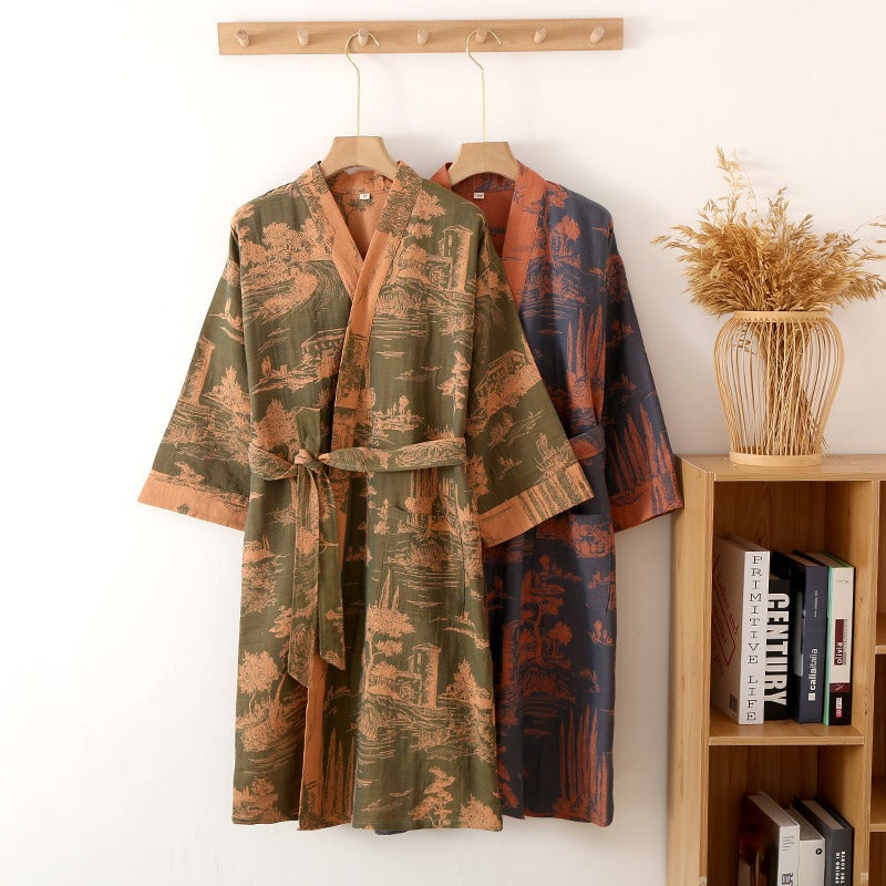 Water washed color woven double-layer jacquard gauze pajamas, men's skirts, medium length bathrobes, sweat steamed clothing