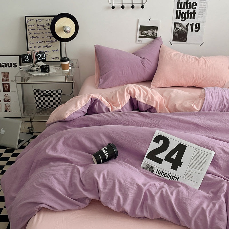 Japanese Solid Color Double Spliced Washed Cotton Four-Piece Set Minimalist Style Quilt Cover Bed Sheet Fitted Sheet Dormitory Bedding Three-Piece Set Wholesale