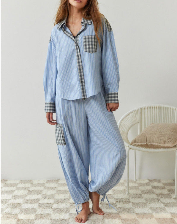 Women's casual home wear plaid shirt set pajamas long sleeved