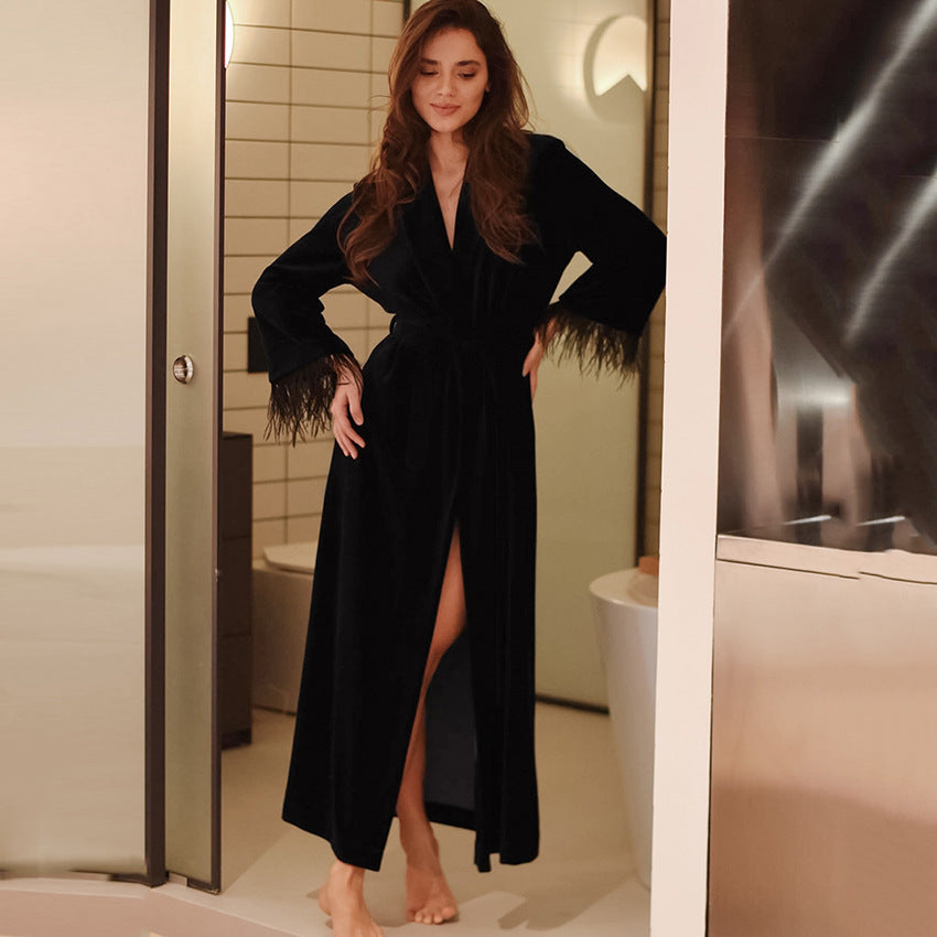 Spring SummerKnitted Feather Robe Long Length Velvet Warm Sleepwear Women's Home Black Long Sleeve Bathrobe Open Front