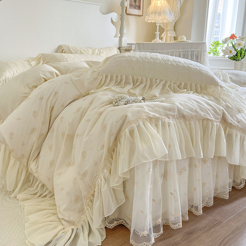 Lace rose embroidery all cotton four piece set pure cotton bed with cotton clip bed skirt duvet cover