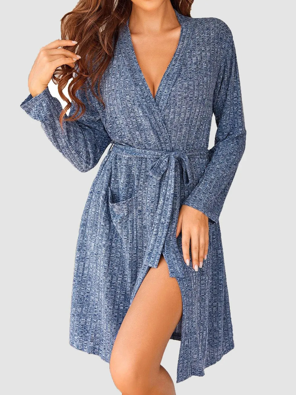 Women's home wear sleeping robe knitted pit stripe ribbed bathrobe elastic pocket knee length robe
