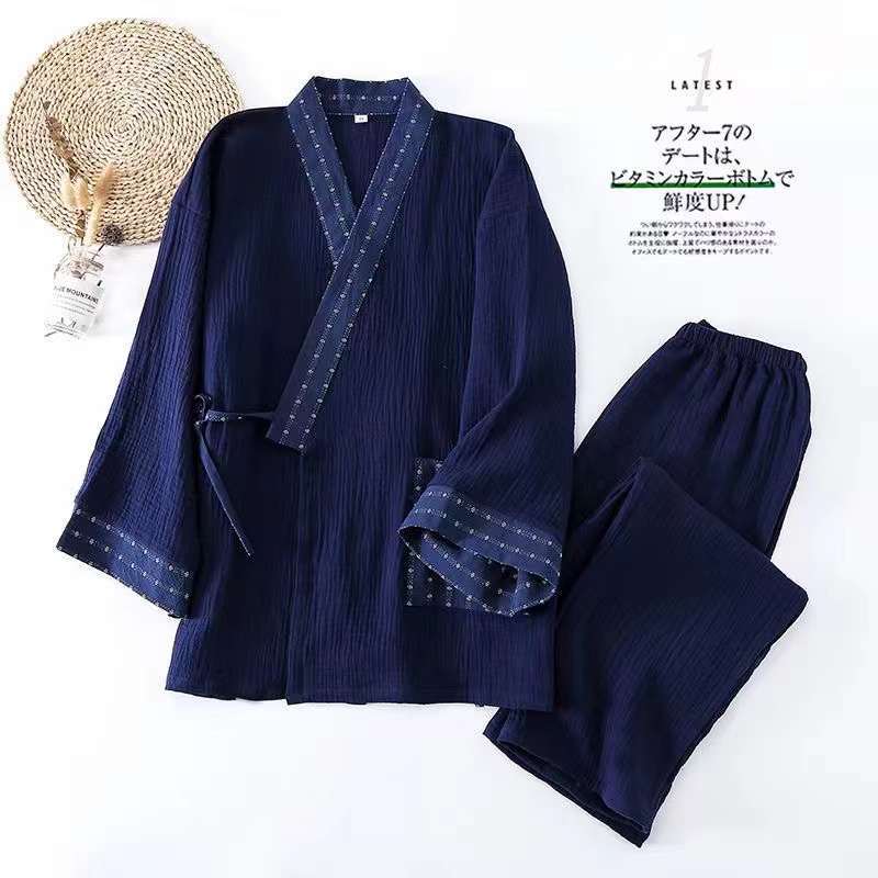 Cotton Gauze Chinese-Style Pyjama Set | Three-Quarter Sleeve Top & Wide-Leg Trousers