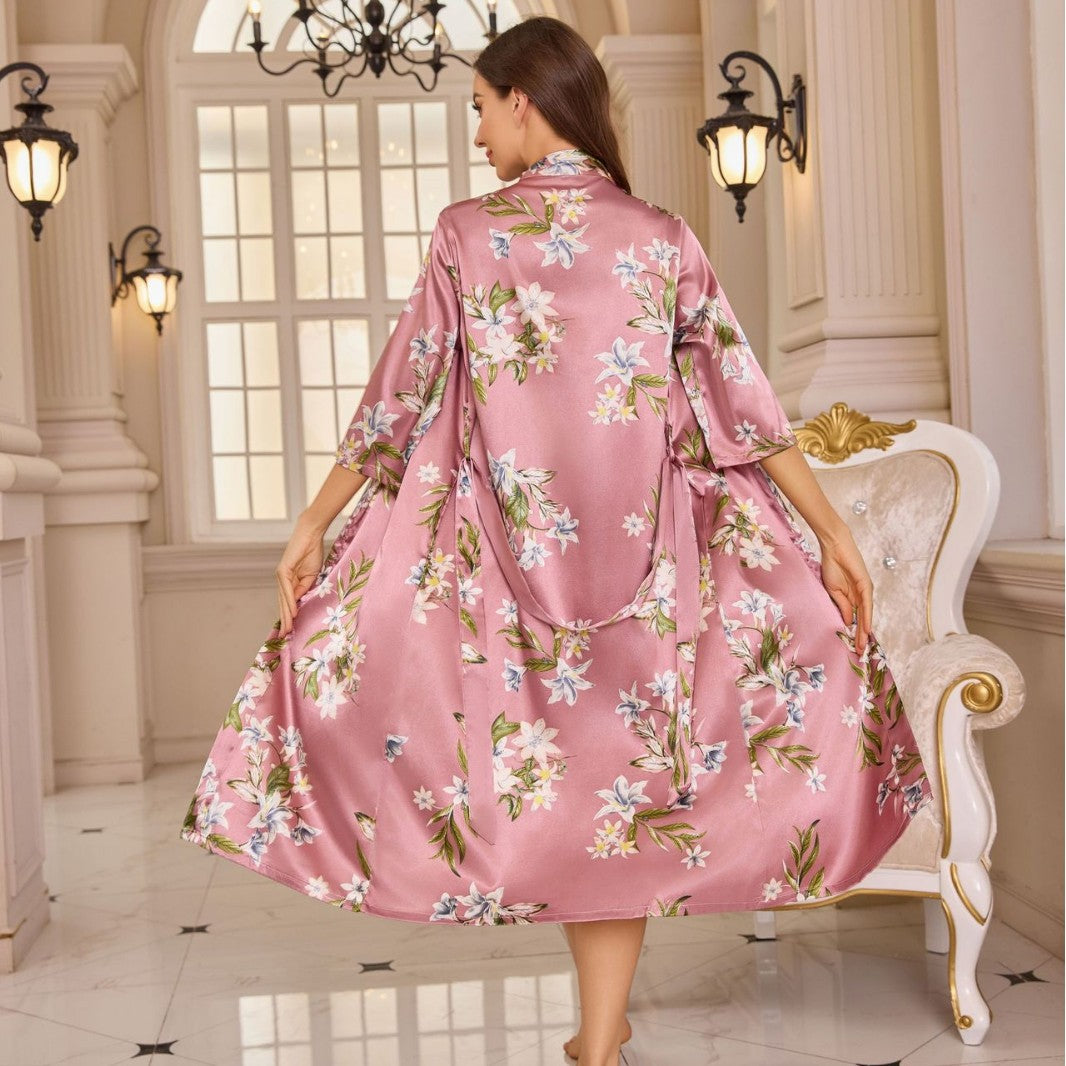 Fashionable Ice Silk Robe for Women Pink Floral Bathrobe, Summer Loose Satin Home Wear
