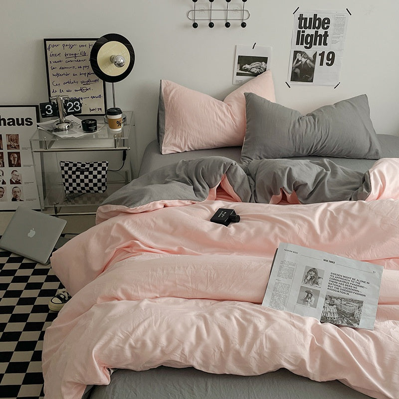 Japanese Solid Color Double Spliced Washed Cotton Four-Piece Set Minimalist Style Quilt Cover Bed Sheet Fitted Sheet Dormitory Bedding Three-Piece Set Wholesale