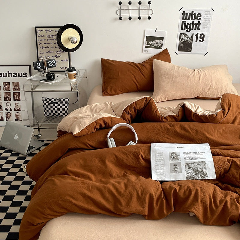 Japanese Solid Color Double Spliced Washed Cotton Four-Piece Set Minimalist Style Quilt Cover Bed Sheet Fitted Sheet Dormitory Bedding Three-Piece Set Wholesale