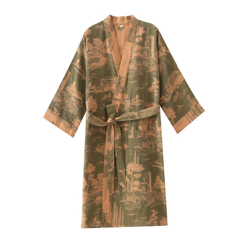 Water washed color woven double-layer jacquard gauze pajamas, men's skirts, medium length bathrobes, sweat steamed clothing