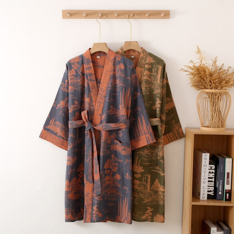 Water washed color woven double-layer jacquard gauze pajamas, men's skirts, medium length bathrobes, sweat steamed clothing