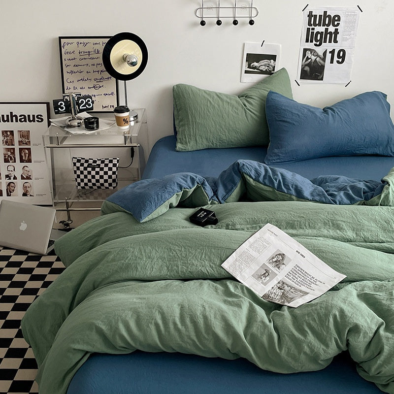 Japanese Solid Color Double Spliced Washed Cotton Four-Piece Set Minimalist Style Quilt Cover Bed Sheet Fitted Sheet Dormitory Bedding Three-Piece Set Wholesale