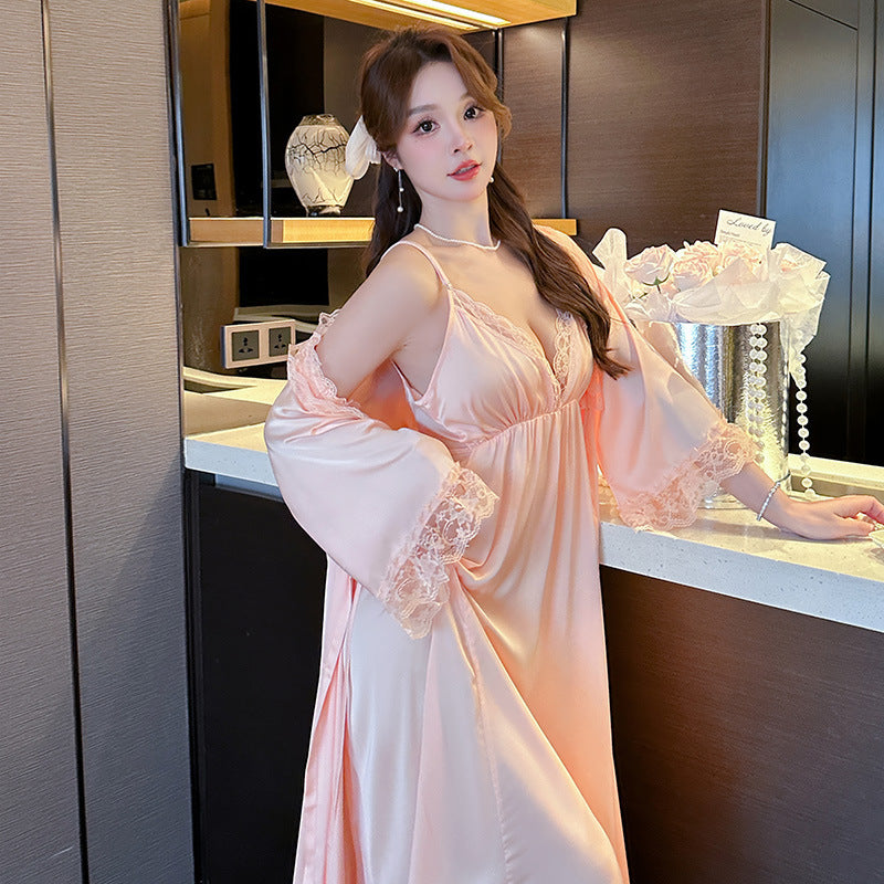 Ice Silk Two-Piece Sleepwear Set | Strapless Dress & Robe | Sultryrich