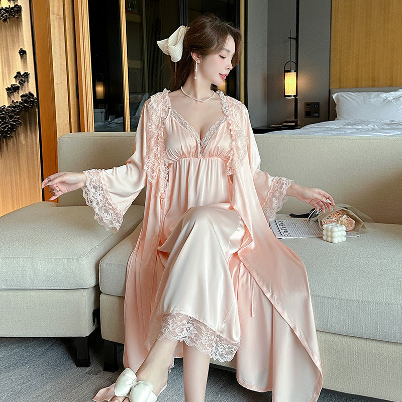 Ice Silk Two-Piece Sleepwear Set | Strapless Dress & Robe | Sultryrich